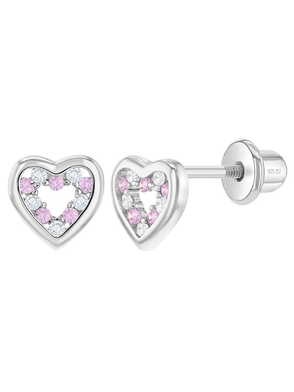 Open CZ Heart Baby / Toddler / Kids Earrings Screw Back - Sterling Silver