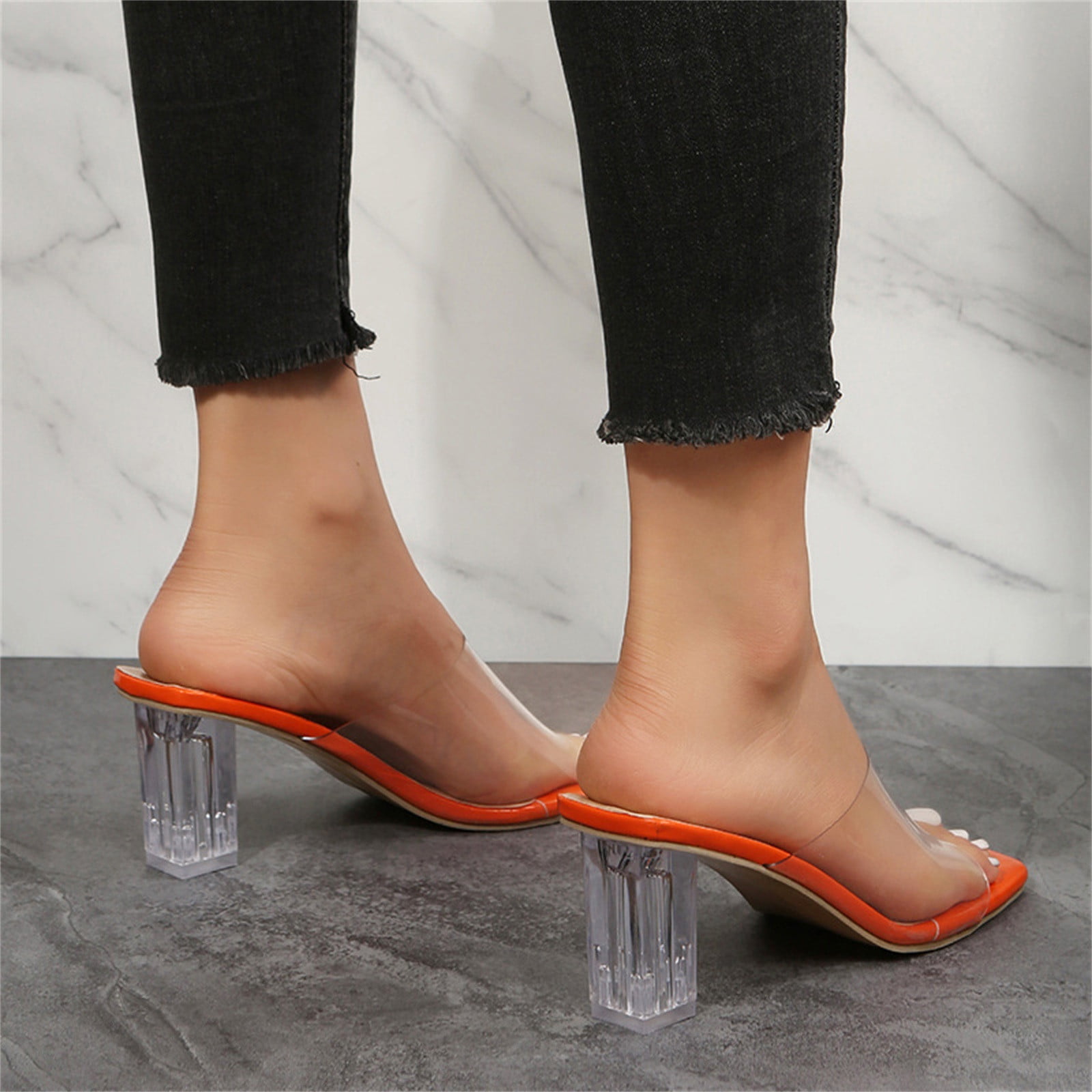 Women's Clear Block Heeled Sandals Transparent Band Square - Temu