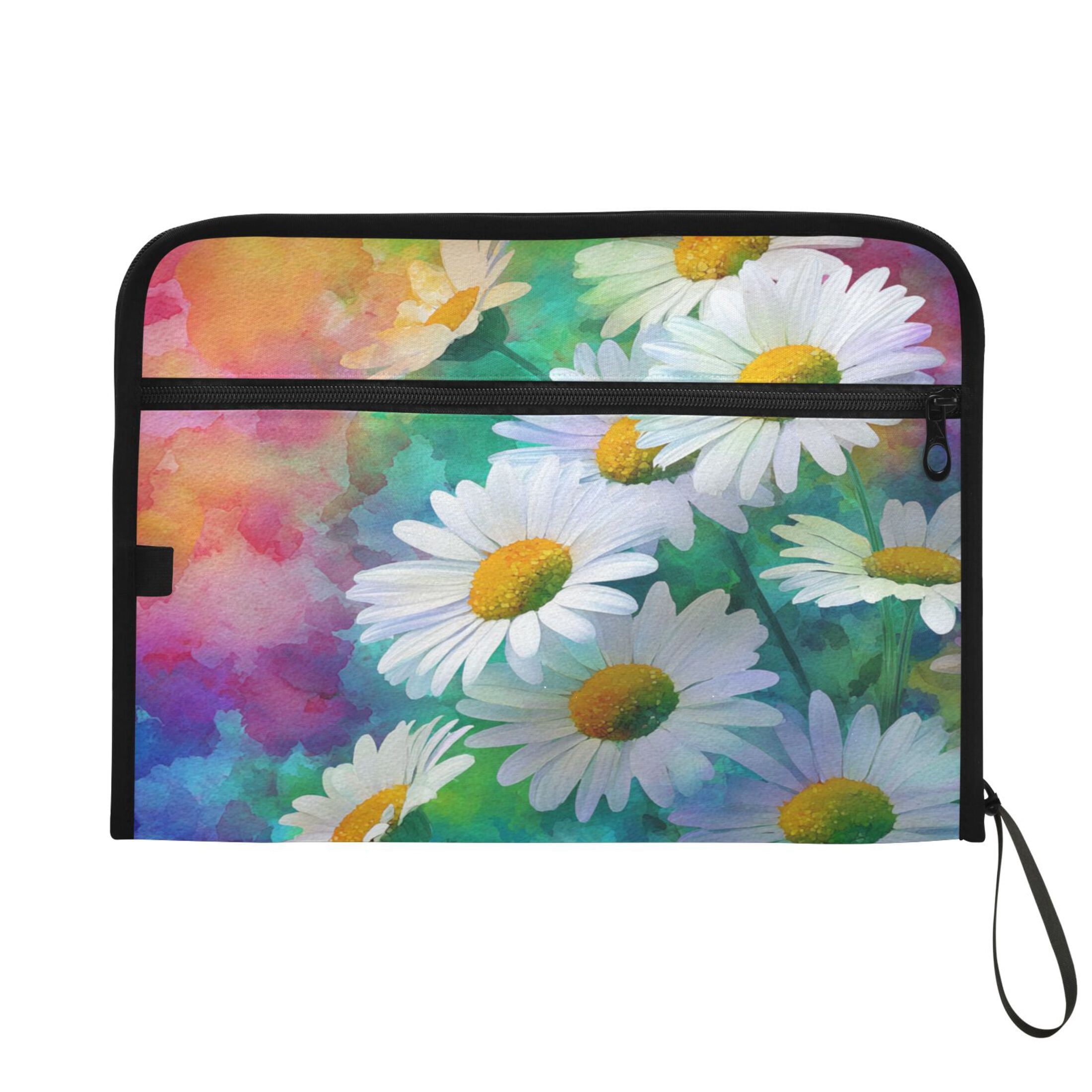 Accordion File Organizer with Zip Closure 13 Pockets Expanding File Folder Letter A4 Paper Document Organizer for Home Office Watercolor Daisies Pattern