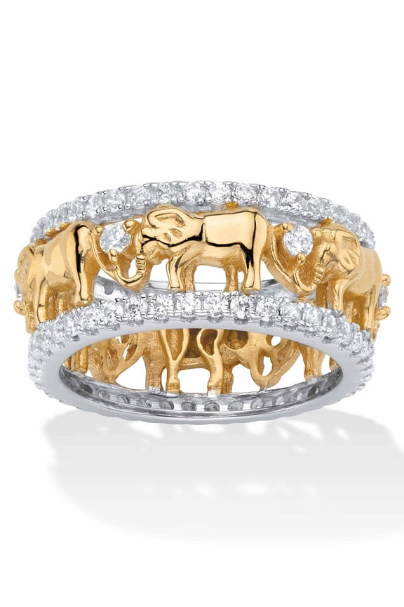 Round Cubic Zirconia Two-Tone Elephant Parade Eternity Ring 1.40 TCW Yellow Gold-Plated