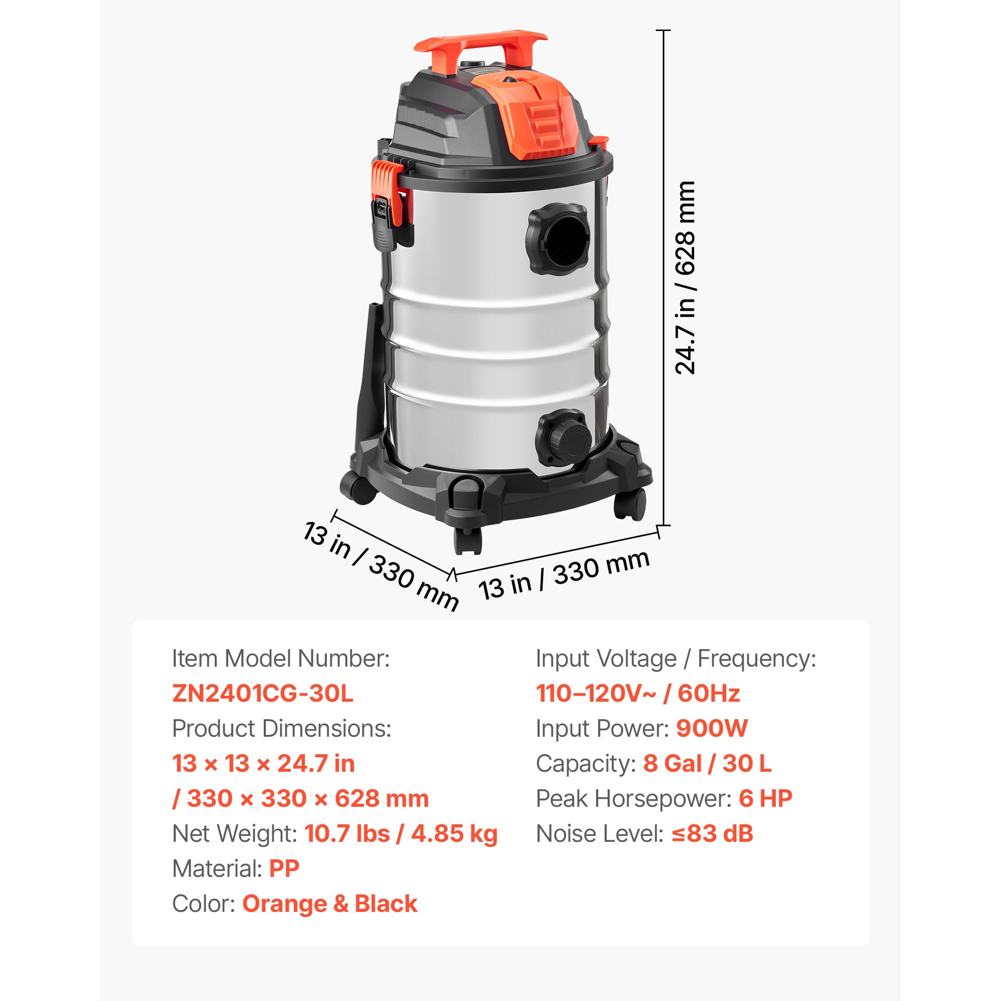 VEVOR Stainless Steel Shop Vac, 8 Gallon Wet Dry Shop Vacuum, 6 Peak HP with One-Button Self-Cleaning, Dual-Filter, 900W Input Power, 1.25in x 7ft Hose, 9.8ft Cord, Metal Tank for Jobsite, Workshop,