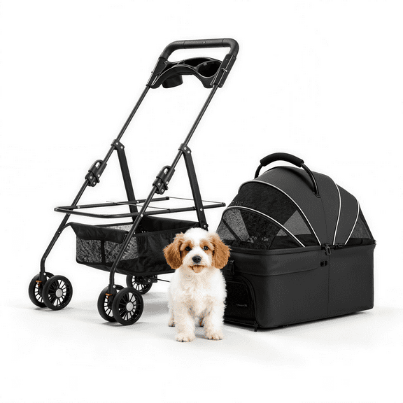 Pet Stroller for Small Dogs, Black Lightweight Foldable 4-Wheel Dog & Cat Travel Stroller with Detachable Carrier, Mesh Windows, Sun Shade & Storage Basket, Up to 44 lbs