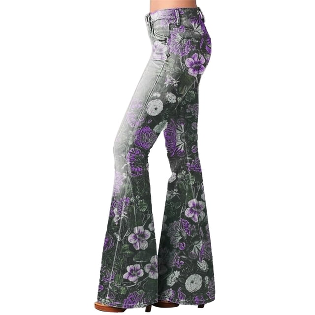 Aocisk Collants de Mode pour Femmes Taille Haute Motif Floral Imprimé Pantalon Évasé pour Femmes avec Design à la Mode Violet m
