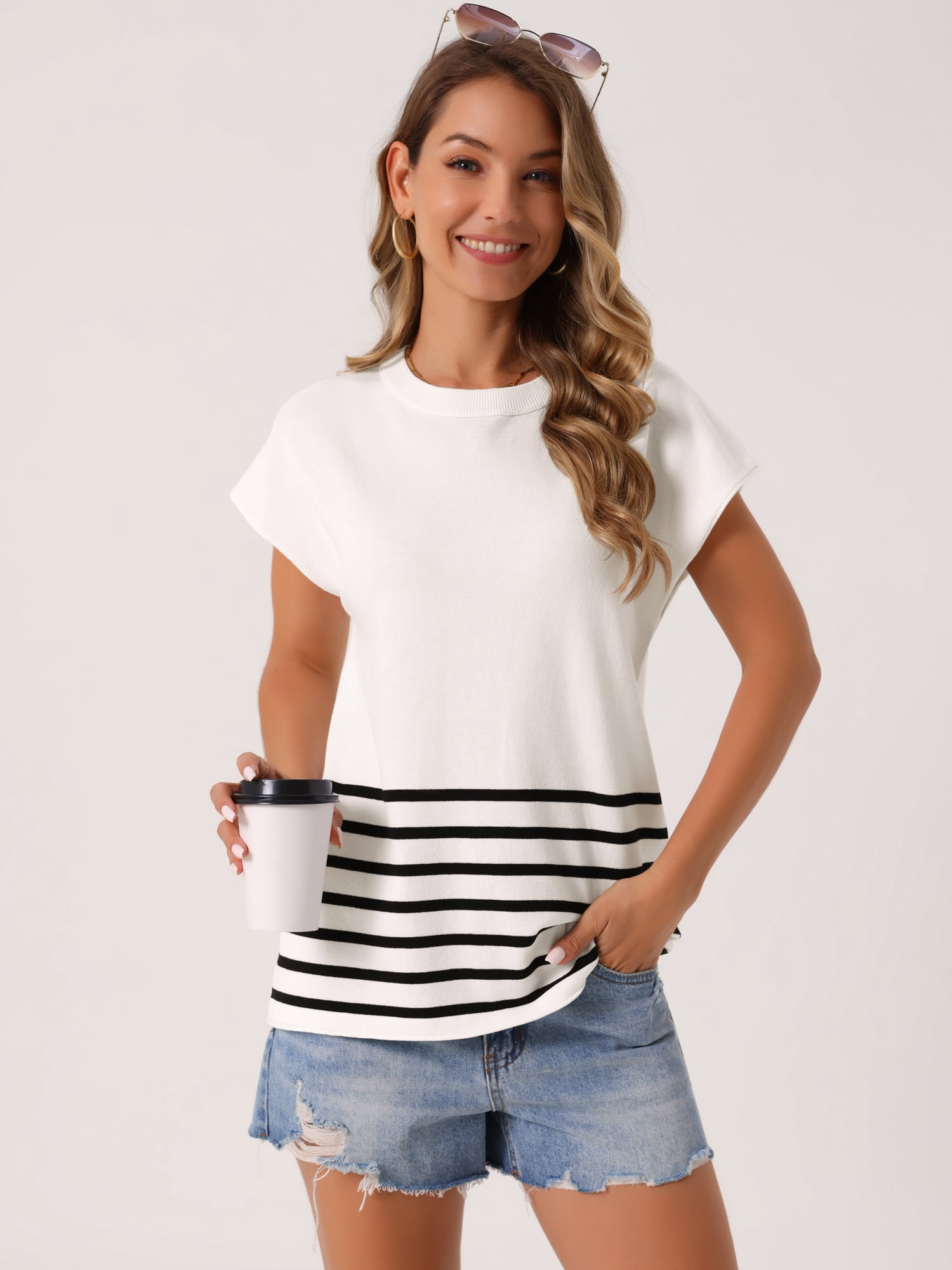DARING DIVA Sleeveless Round Neck Striped Sweater Vest Cap Sleeve XL White