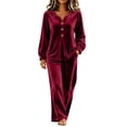 thumbnail image 2 of BRELIL Women Velvet V Neck Long Sleeve Pullover Tops Wide Leg Pants Two Piece Lounge Matching Set Casual Loose Solid Vacation Travel Outfits, Wine XL, 2 of 7