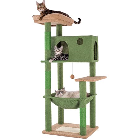 Cactus Cat Tree for Large Cats 53 Inches Tall Cat Tower with Large Hammock 21.7x17.7 Inches Super Spacious Condo and Wide Padded Perch Scratching Posts and Pad for Indoor Cats-Large Cactus