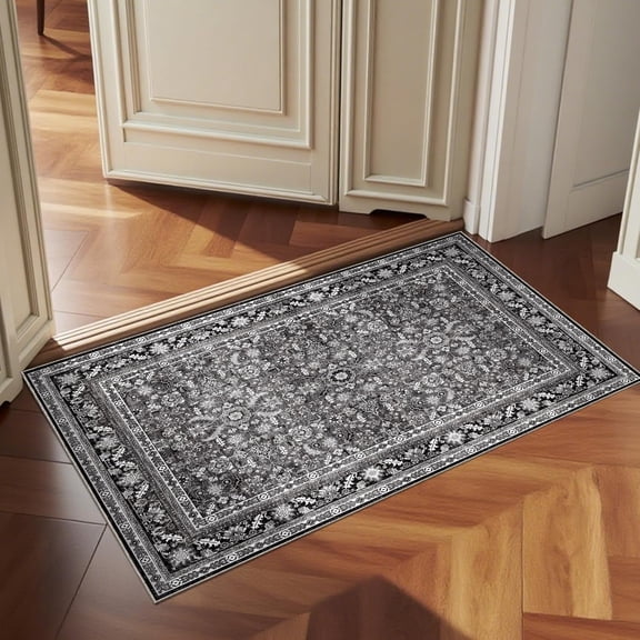 2x12 Runner Rug - Vintage Washable Non Slip Low-Pile Faux Wool Carpet for Kitchen Hallway Entryway Entrance and Indoor Back Door