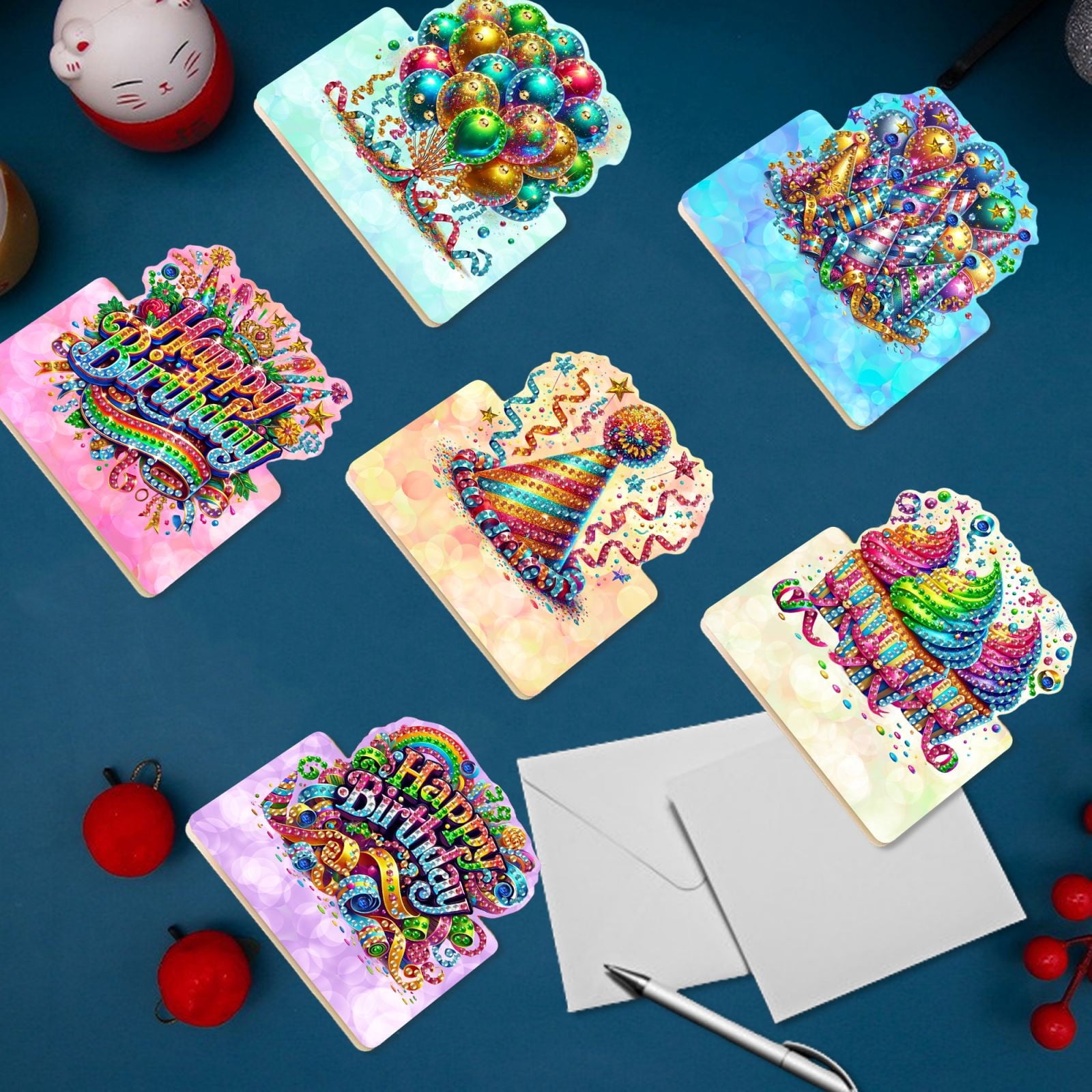 FLOPESN 24Pcs Happy Birthday DIY Diamond Art Painting Greeting Card,3D Folding Card Kit,White 4.5X9.1in Envelopes for Festival Gift