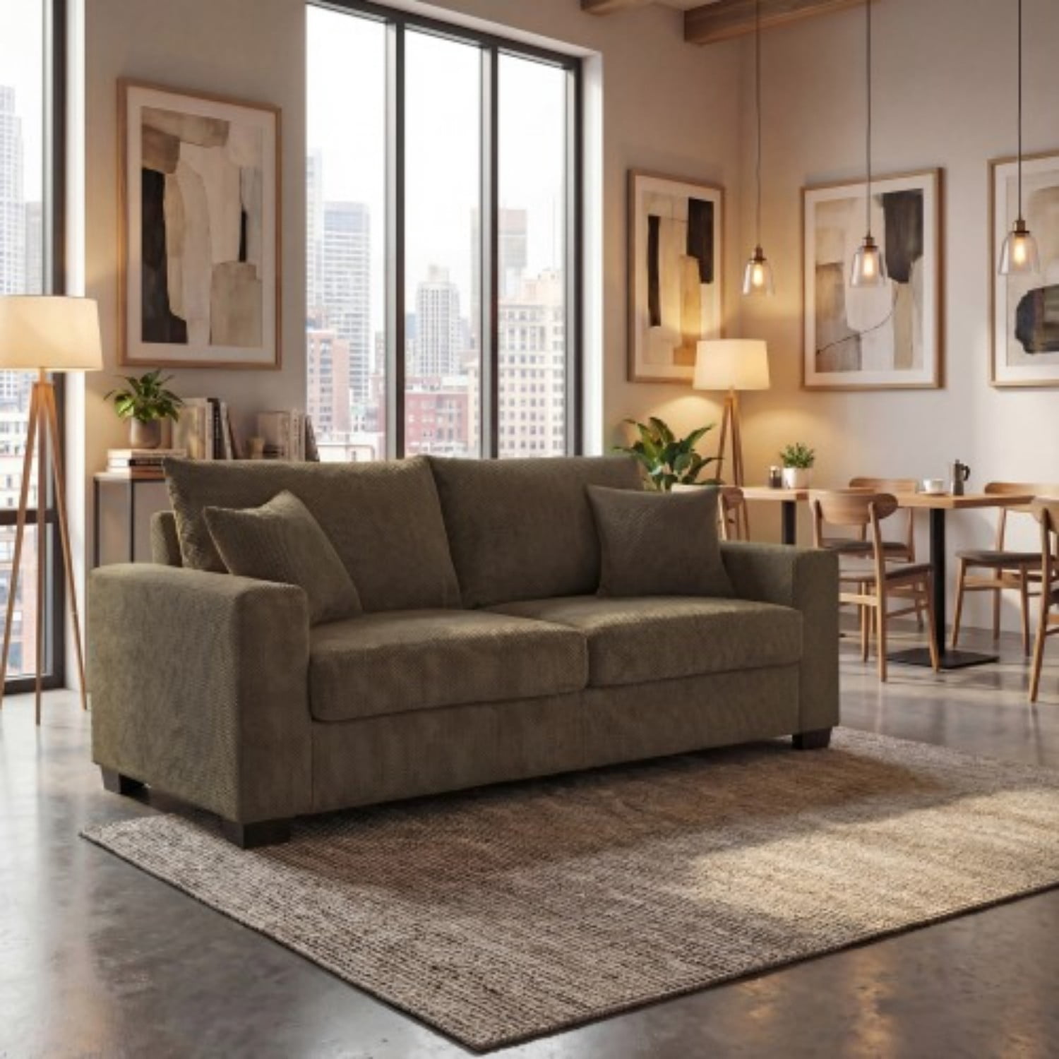 69" Two Seater Sofa Couch Upholstered Textured Fabric Loveseat with 2 Throw Pillows for Living Room Apartment Office, Coffee