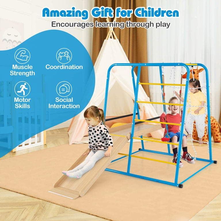 Costway 6-in-1 Indoor Jungle Gym with Slide Swing Monkey Bars