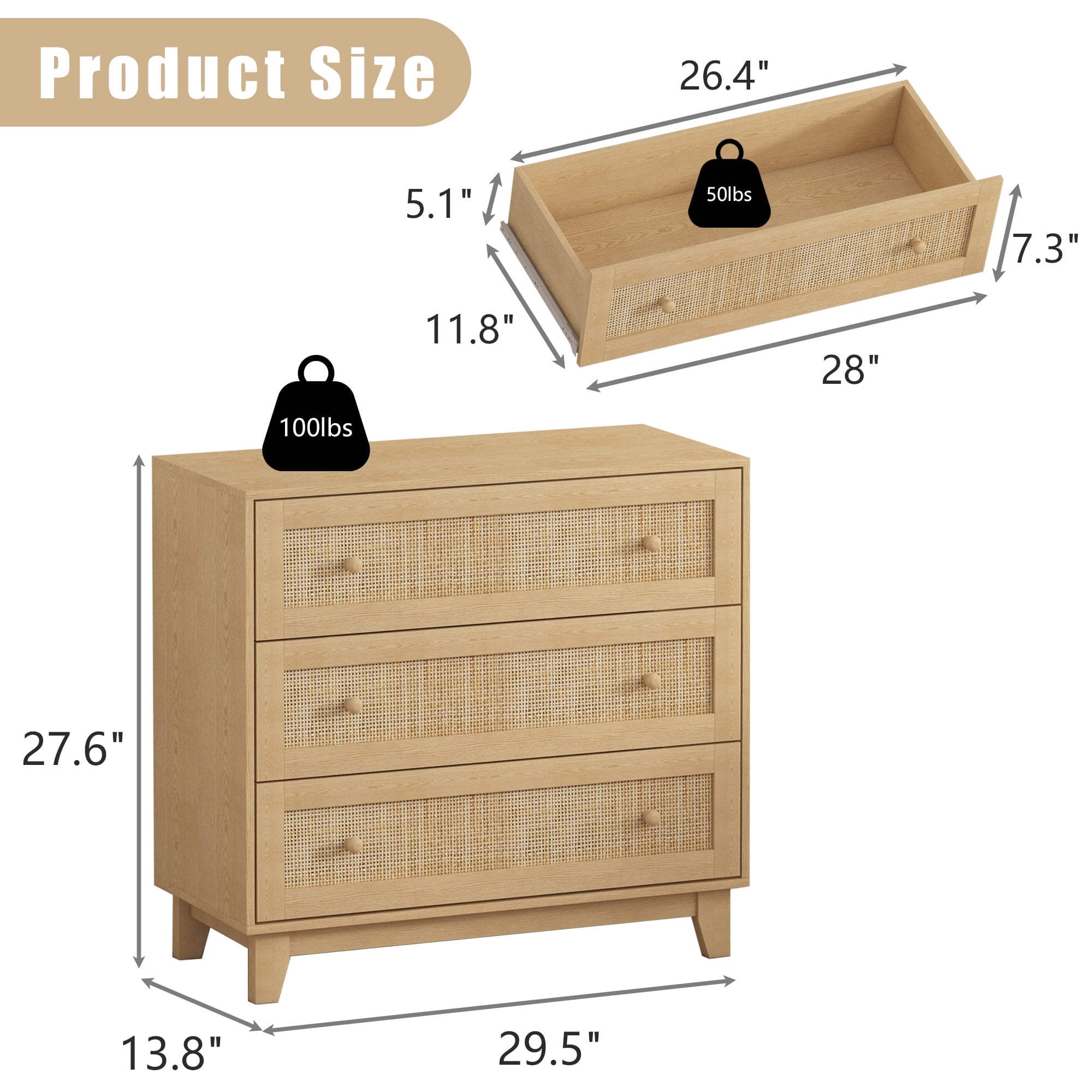 FANRAL 3 Drawers Dresser for Bedroom,Boho Small Natural Rattan Closet Dresser Chest of Drawers,Modern Wood Clothes Storage Organizer with Wooden Feet and Handles for Hallway,Living Room,Entryway