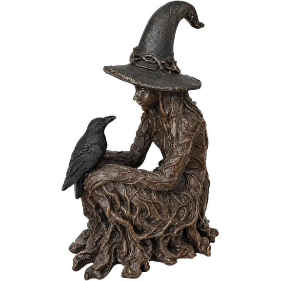 Gothic Witch and Raven Figurine, Halloween Dark Academia Witch Sculpture, Mystical Resin Statue for Home Decor