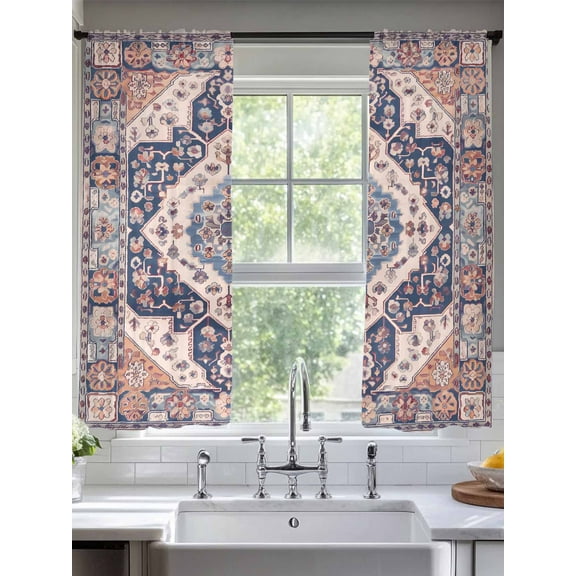 Orange Blue Boho Sheer Curtains for Living Room Bedroom Ethnic Geometric Southwest Sheer Curtains 63 Inch Long 2 Panels Set Light Filtering Curtain Window Treatments Drapes for Dining Room