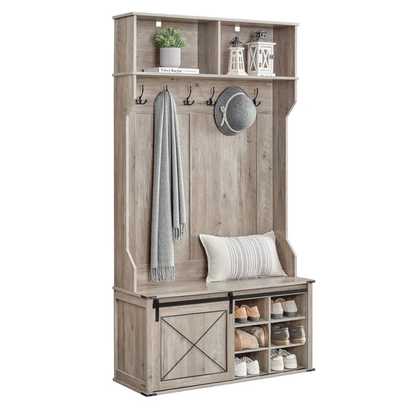 Hall Tree, Coat Rack with Shoe Bench, Entryway Furniture, Tri-Hooks, Rustic White and Honey Brown