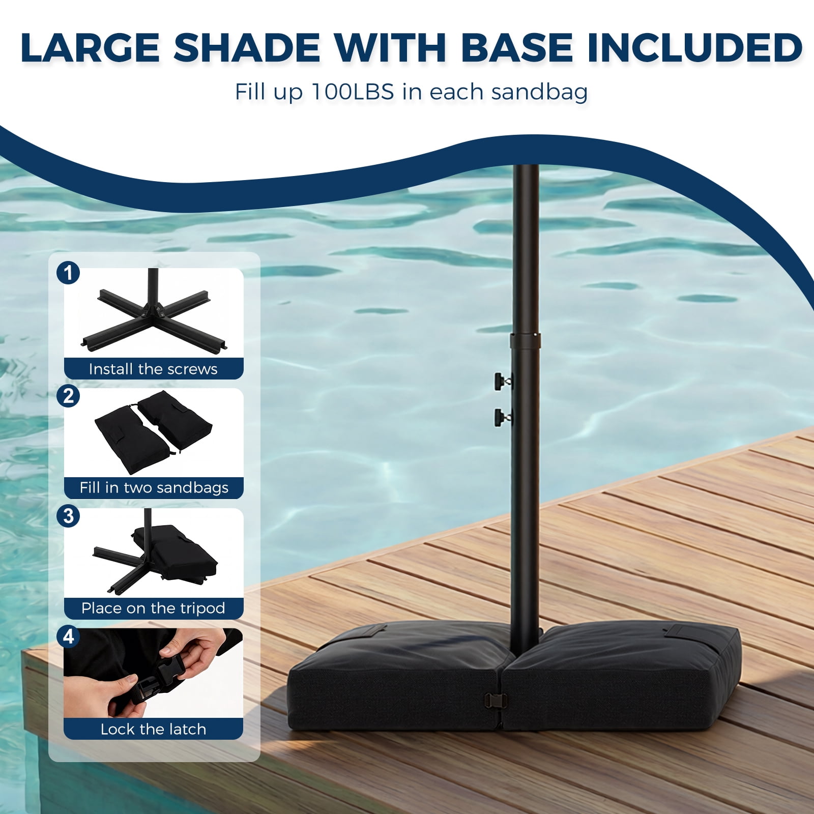 TASKBAY 10ft Cantilever Hanging Outdoor Umbrella (Includes Base), 360-Degree Rotation with 32 Solar LED Lights Patio Umbrella for Backyard, Deck, Poolside and Garden, Beige