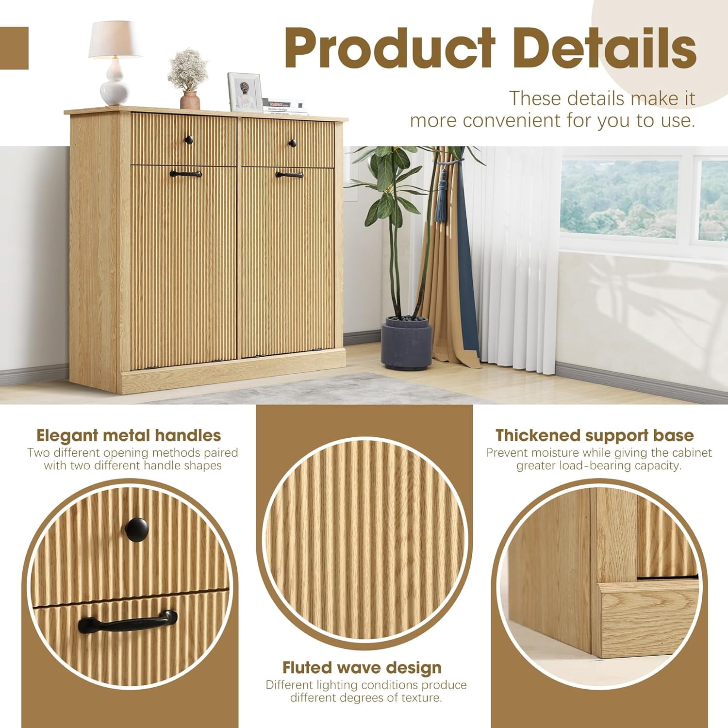 Magic Union Tilt Out Fluted Laundry Hamper Cabinet, 22 Gallon Double Hidden Laundry Hamper, Wooden Trash Can Cabinets with 2 Drawers, Modern Garbage Can Cabinet for Bathroom, Kitchen