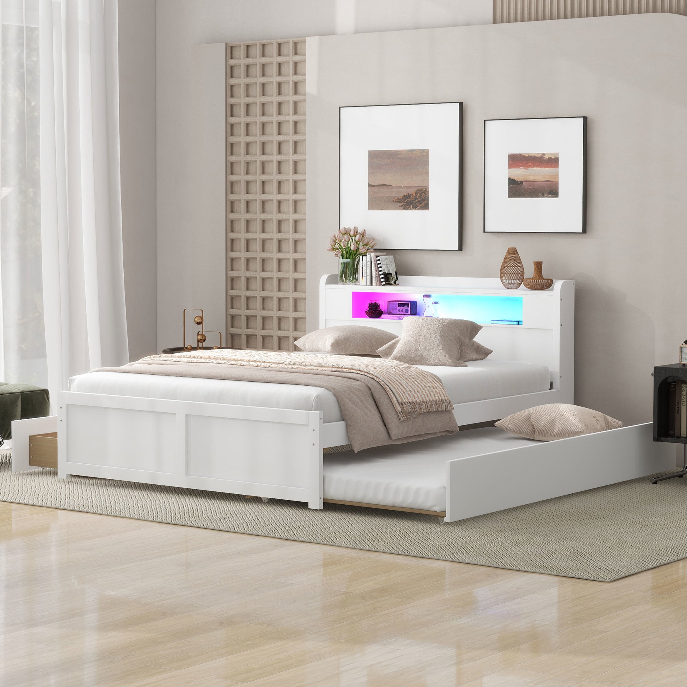 Noble House Queen Size Pine Wood Platform Bed with LED Headboard, Storage Drawers and Twin Trundle, White