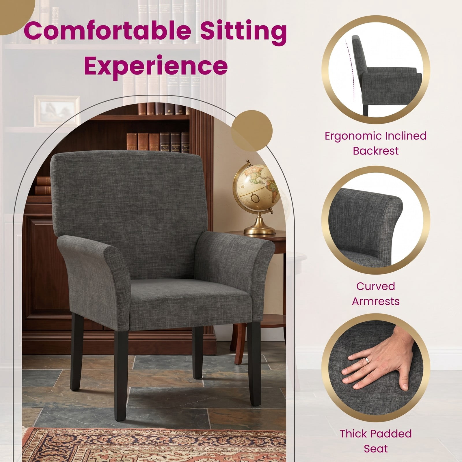 Furnibear Executive Guest Chair, Reception Waiting Room Arm Chair with Padded Armrests, Ergonomic Linen Velvet Accent Chair, Rubber Wood Legs, 330 lbs Capacity, Gray