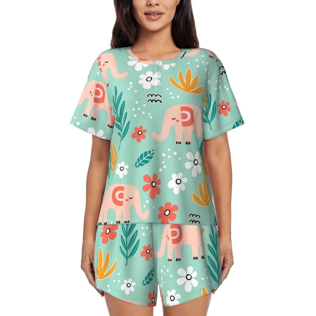 Fotbe Elephant and Flowers Conjunto de Pijama Estampado para Mujer, 2 Piezas, Ropa de Dormir con Camiseta de Manga Corta y Shorts Suaves-Small