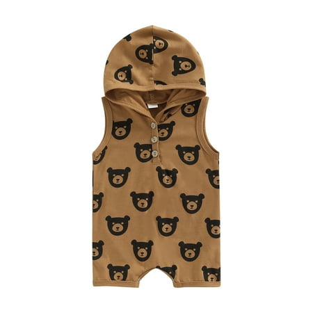 

Gueuusu Baby Hooded Romper Sleeveless Cartoon Bear Printed One Piece Jumpsuit