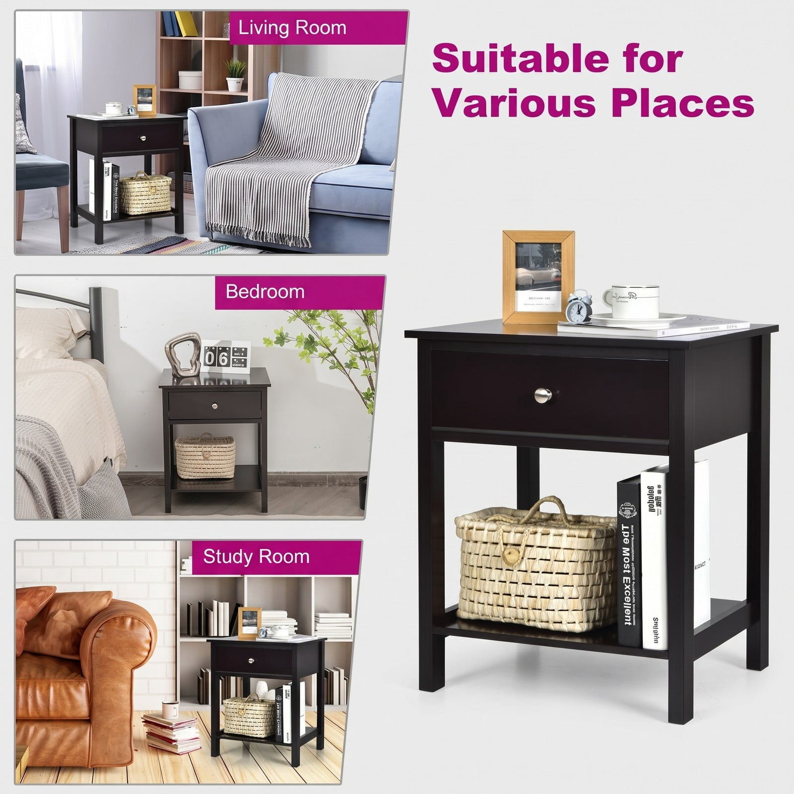 Furnibear Wooden Nightstand with Drawer and Open Bottom Shelf Bedside Table for the Bedroom Living Room and Entryway, Black