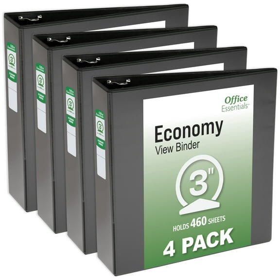 Office Essentials Economy View 3 Ring Binders, 3" Round Rings, 3.5" Spine, 460-Sheet Capacity, Black Binders (4-Pack of 03149)