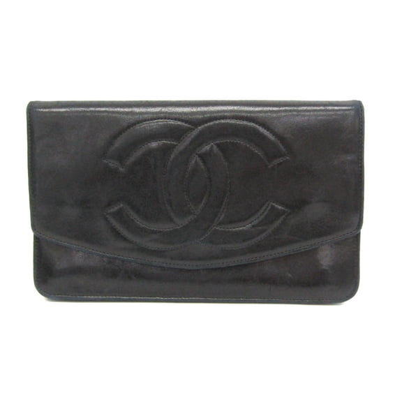 Pre-Owned Chanel Coco Mark Women's Lambskin Long Wallet (bi-fold) Black