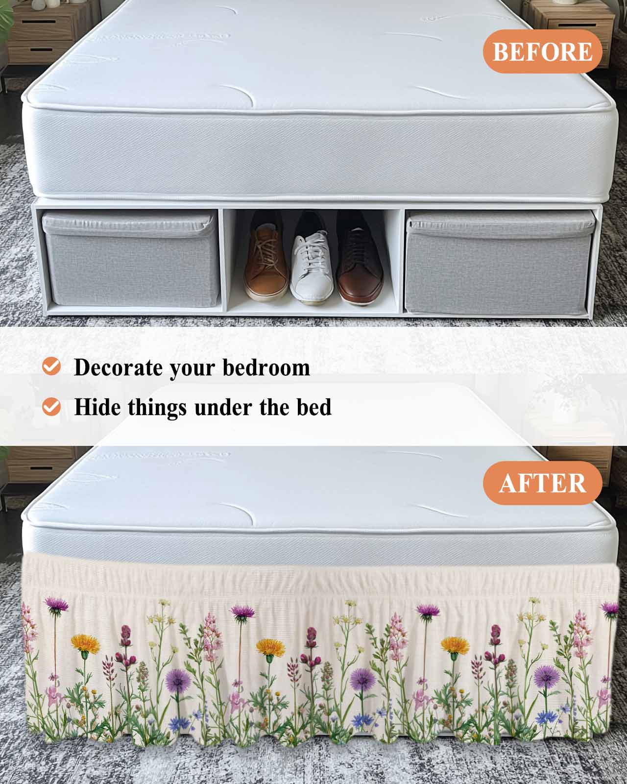 Spring Flowers Wrap Around Bed Skirts for Queen Bed 18" Drop, Bed Skirt with Adjustable Elastic Belt Dust Ruffle Bed Valance for Bedroom Hotel Luxury Wild Floral Herb Botanical Bed Frame Cover