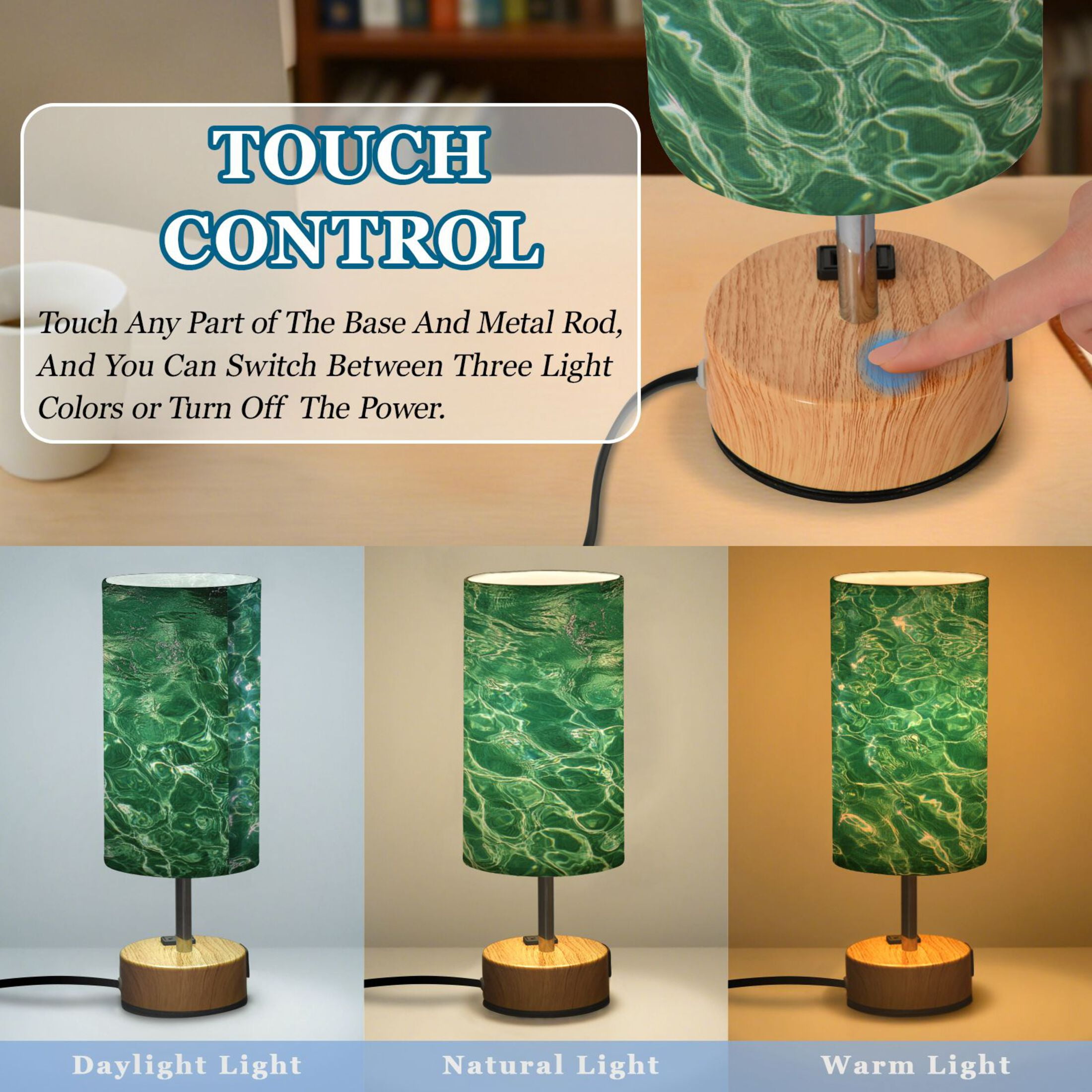 Touch-Control 3-Color Desk Lamp with Plug – Energy-Saving LED + 3 Simultaneous Charging Ports Green Water Ripples