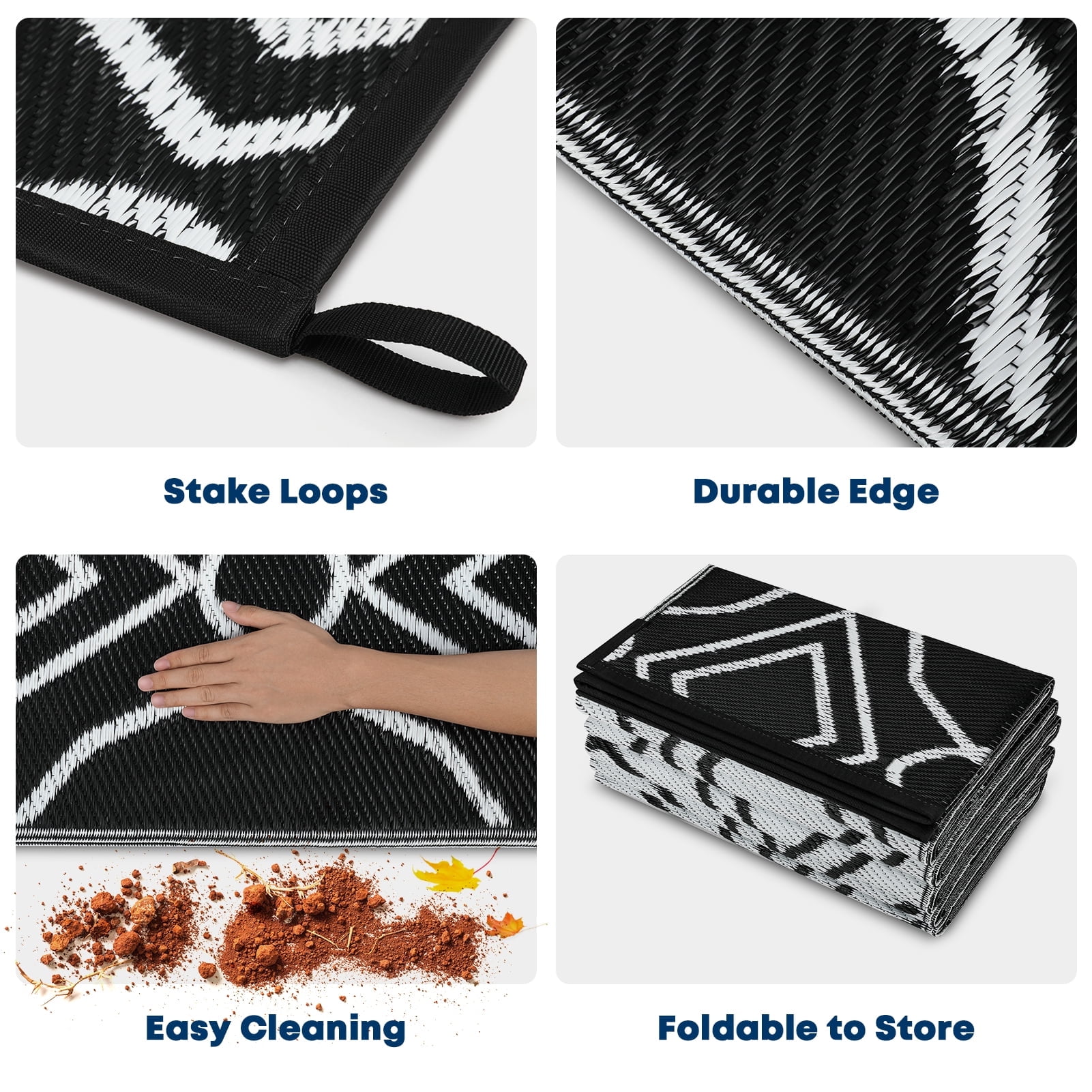 Kohree Outdoor Plastic Straw Rug 6'x9' ,Waterproof Mat with 4 Corner Loops Indoor Outdoor for RV, Camping, Deck ,Balcony (Black & Gray)