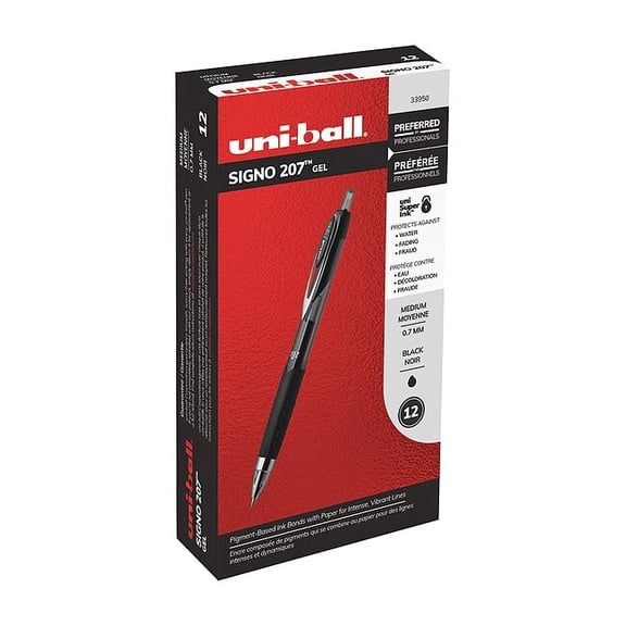 uni-ball 207 Gel Pens, Medium Point, Black, Box of 12