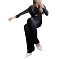 thumbnail image 6 of Qiylii Women Pleated 2 Piece Pants Outfits Casual Loose Button Shirt Blouse Top Long Wide Leg Palazzo Pants Set, 6 of 8