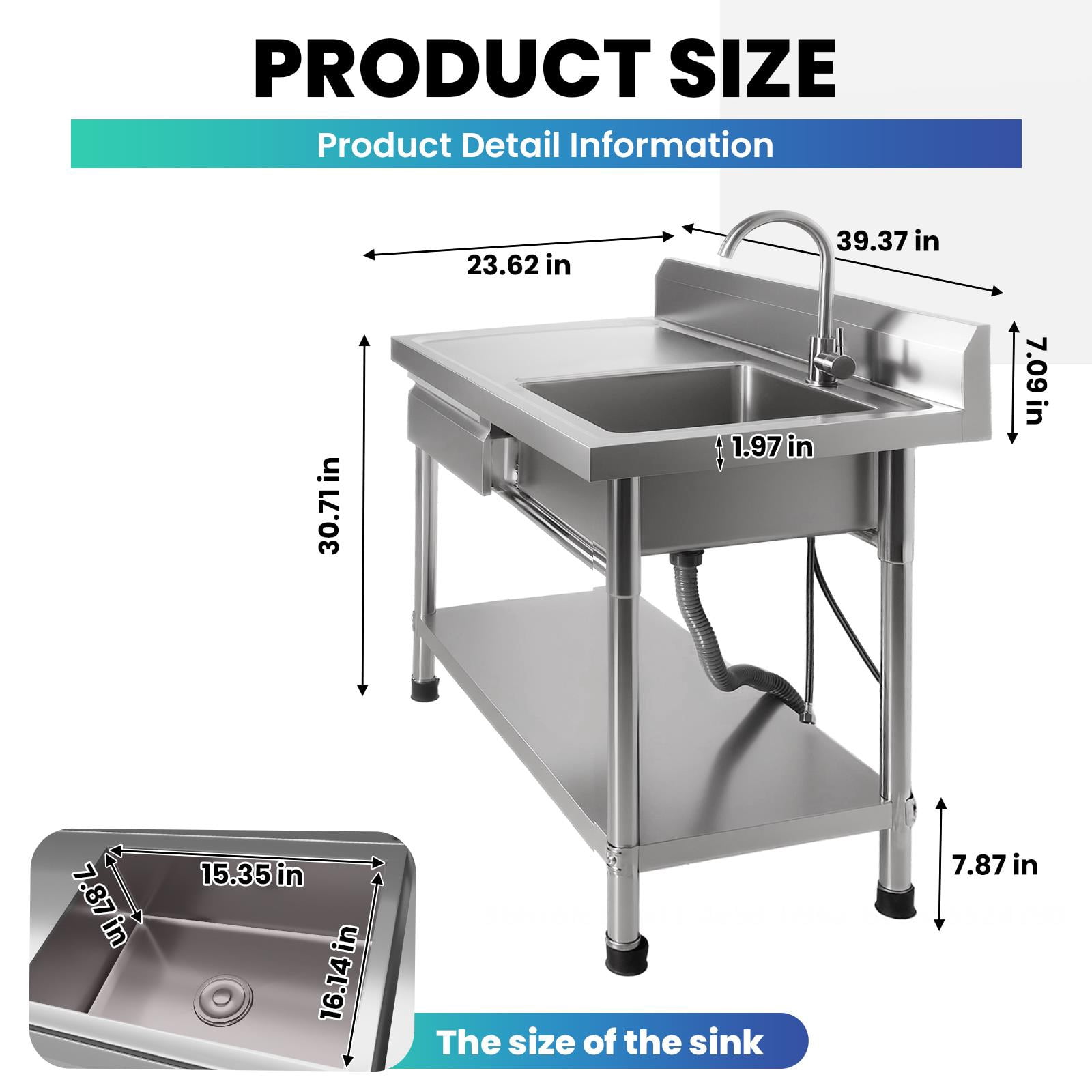 1-Drawer Kitchen Sink, Stainless Steel Commercial Sink With Workbench And Bottom Shelf,Free Standing Utility Sink With Hot And Cold Water Connection,For Garage Or Laundry Room