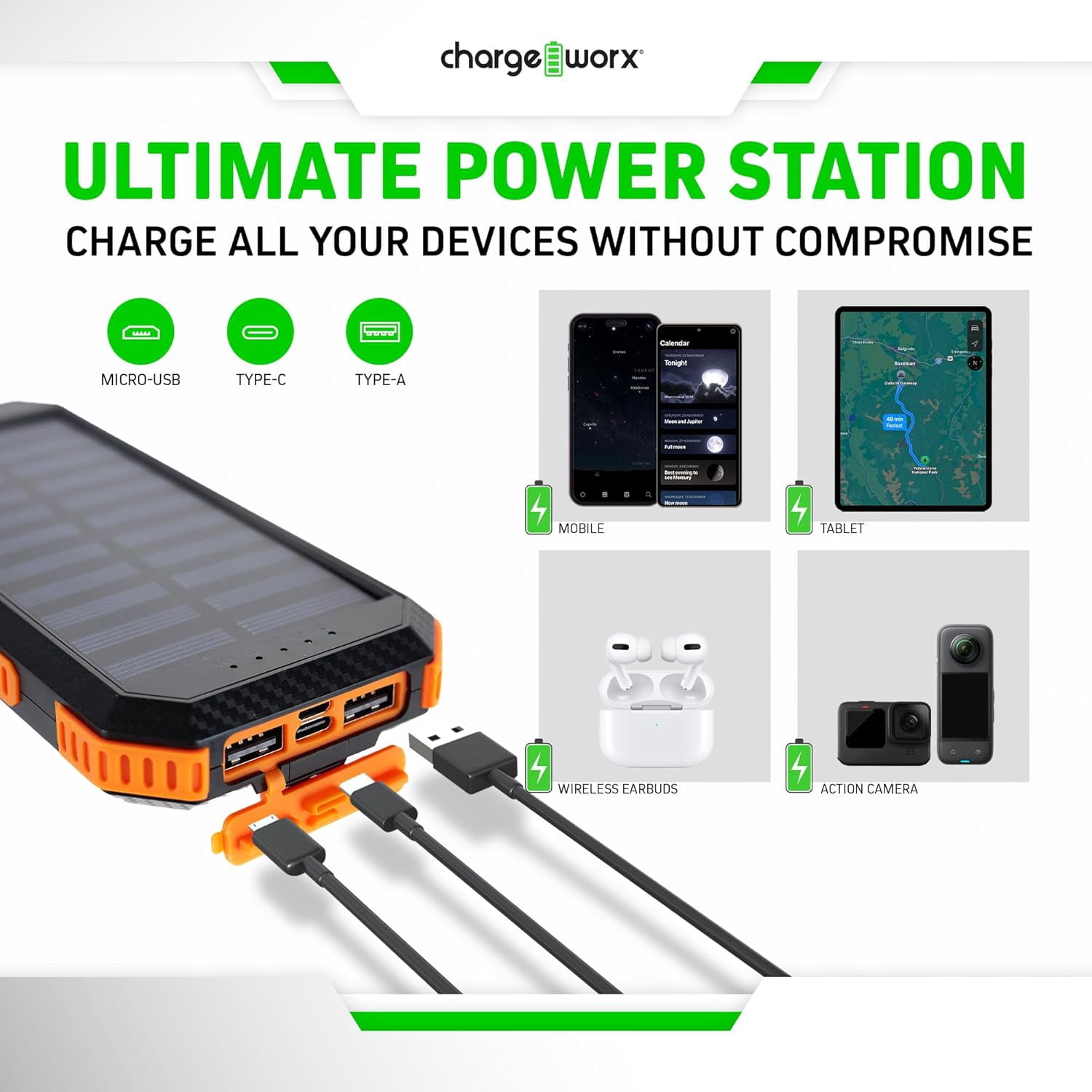 Chargeworx Solar Power Bank and Wireless Charger, 15,000 mAh Battery Pack with Dual LED Flashlight