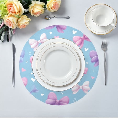 15.4 Round Placemat Set of 1 Polyester Fabric Place Mats Non-Slip Dining Kitchen Table Mats for Kitchen Party Decor Pink and Purple Bows