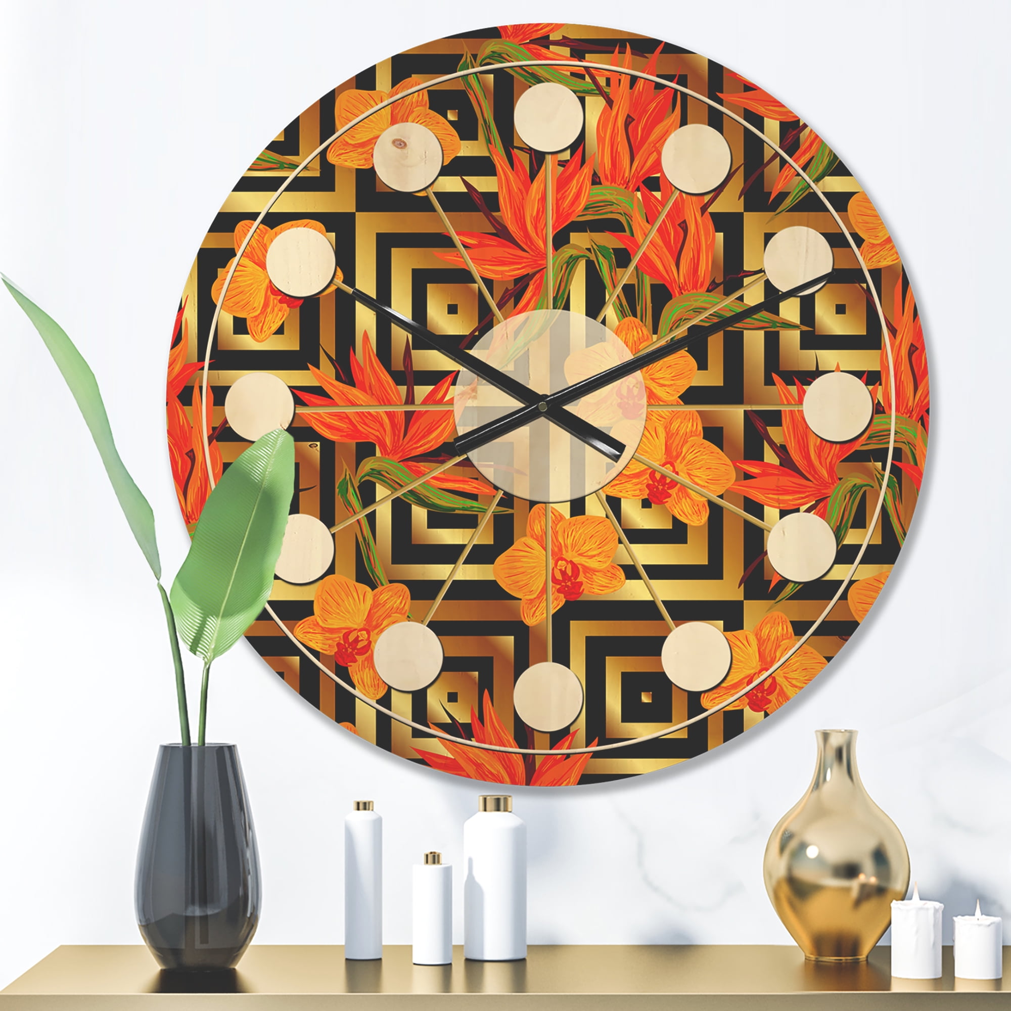 Designart 'Tropical Luxury Gold Pattern II' Mid-Century Modern Wood Wall Clock