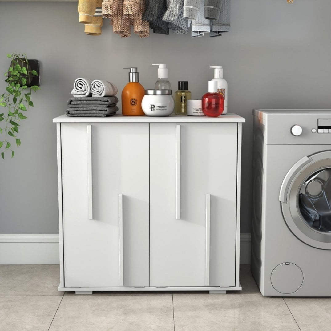 Laundry Cabinet with 2 Removable Liner Bags, Double Laundry Hamper with Sorting Compartments, Fluted Doors, Freestanding Laundry Storage Cabinet, White