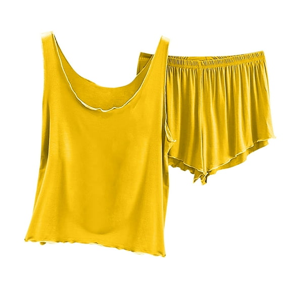 ShomPort Womens Pajamas Set Basic Tank Tops Ruffle Trim Thin Straps Solid Color Nightwear Lightweight Everyday Sleepwear