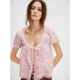 thumbnail image 3 of Women Tie Front Lace Trim Top Sheer Short Sleeve Scoop Neck Button Shirt Y2k Ruffle Flowy Boho Crop Tops Pink S, 3 of 5