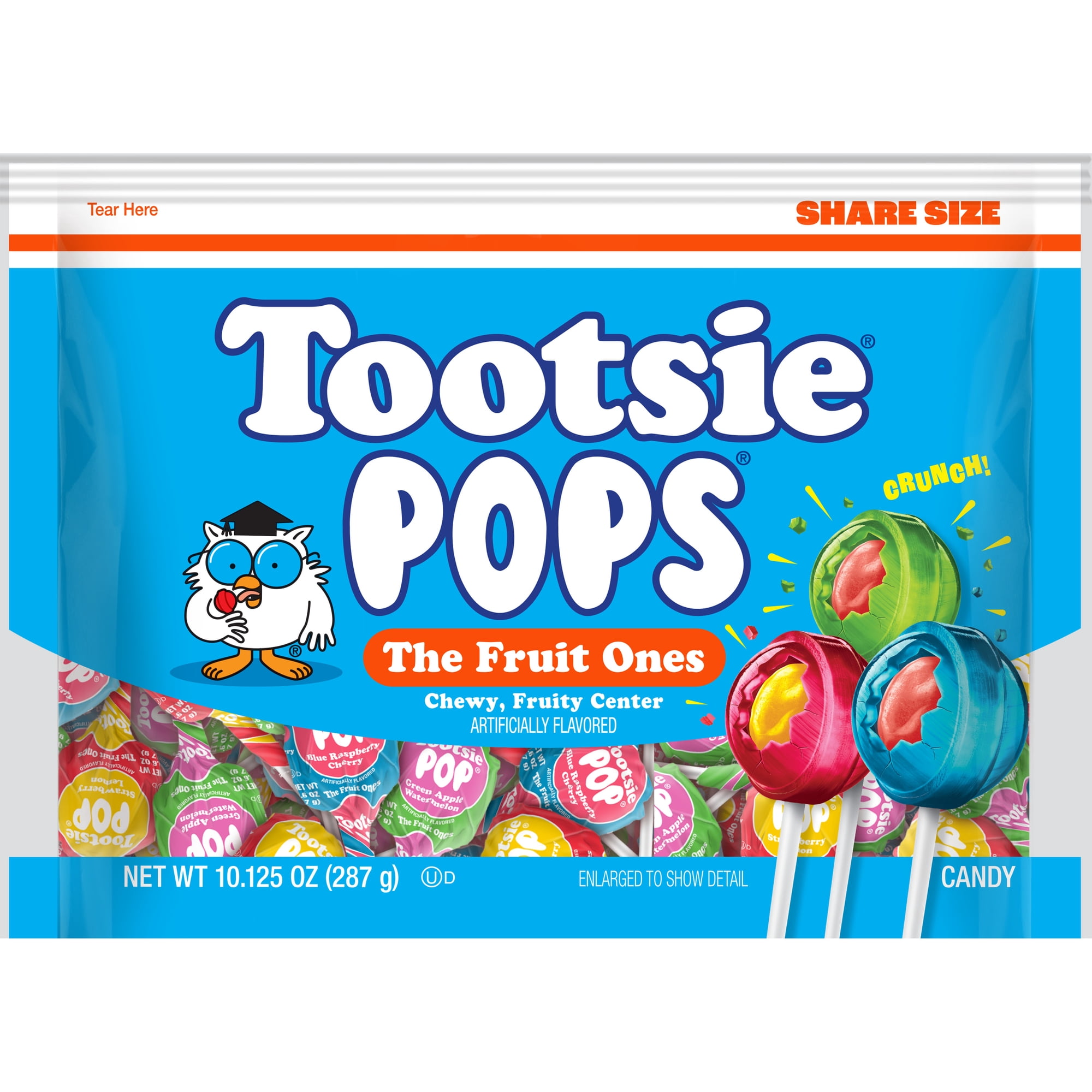 Tootsie Pops The Fruit Ones 10.125 oz. Bag. Peanut Free Gluten-Free. Contains Milk and Soy.