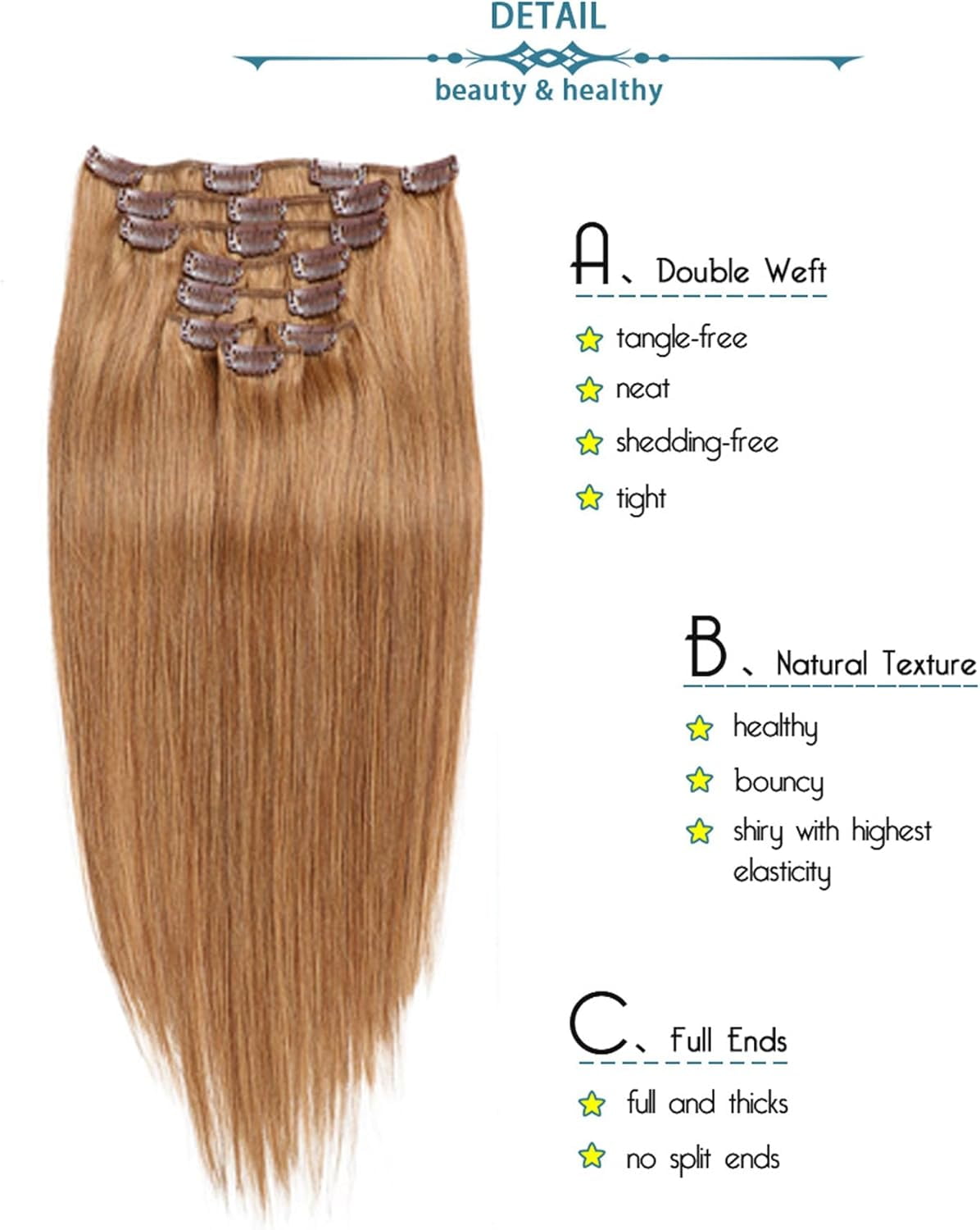 Aorsher Clip in Hair Extensions Human Hair, 7Pcs Golden Brown Double Weft Silky Straight, Remy Human Hair, Thick Clip in Real Hair Extensions for Women, 24Inch