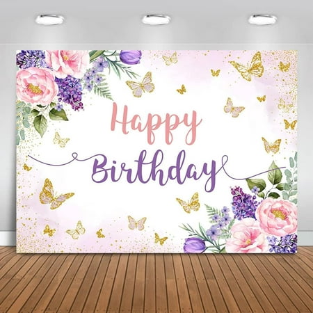 Image of Purple Butterfly Birthday Backdrop Lavender Pink Floral Butterfly Background Butterfly Kisses Birthday Wishes Party Cake Table Decoration Photo Booth Props (7x5ft)