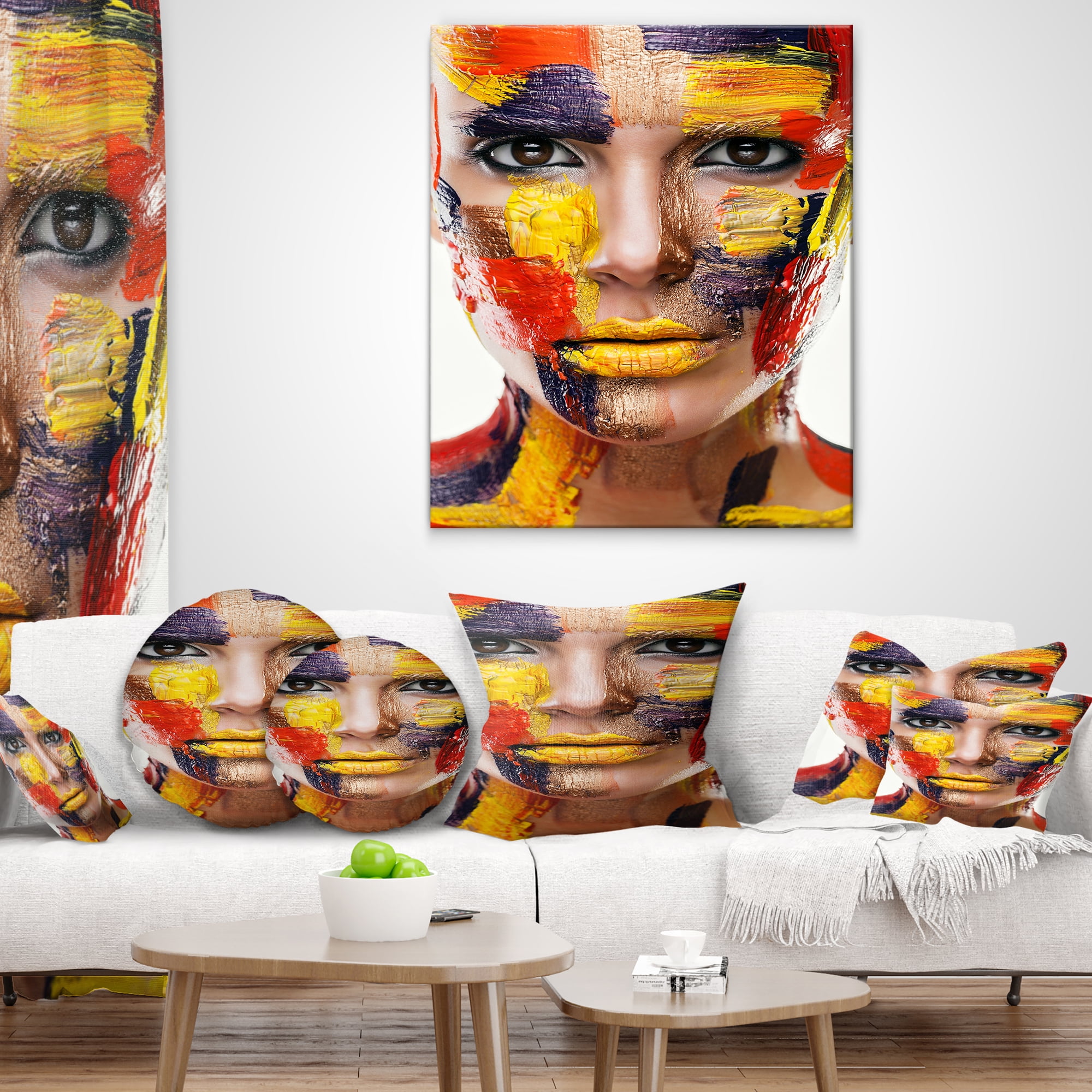 Designart Woman with Colorful Face - Contemporary Throw Pillow - 16x16