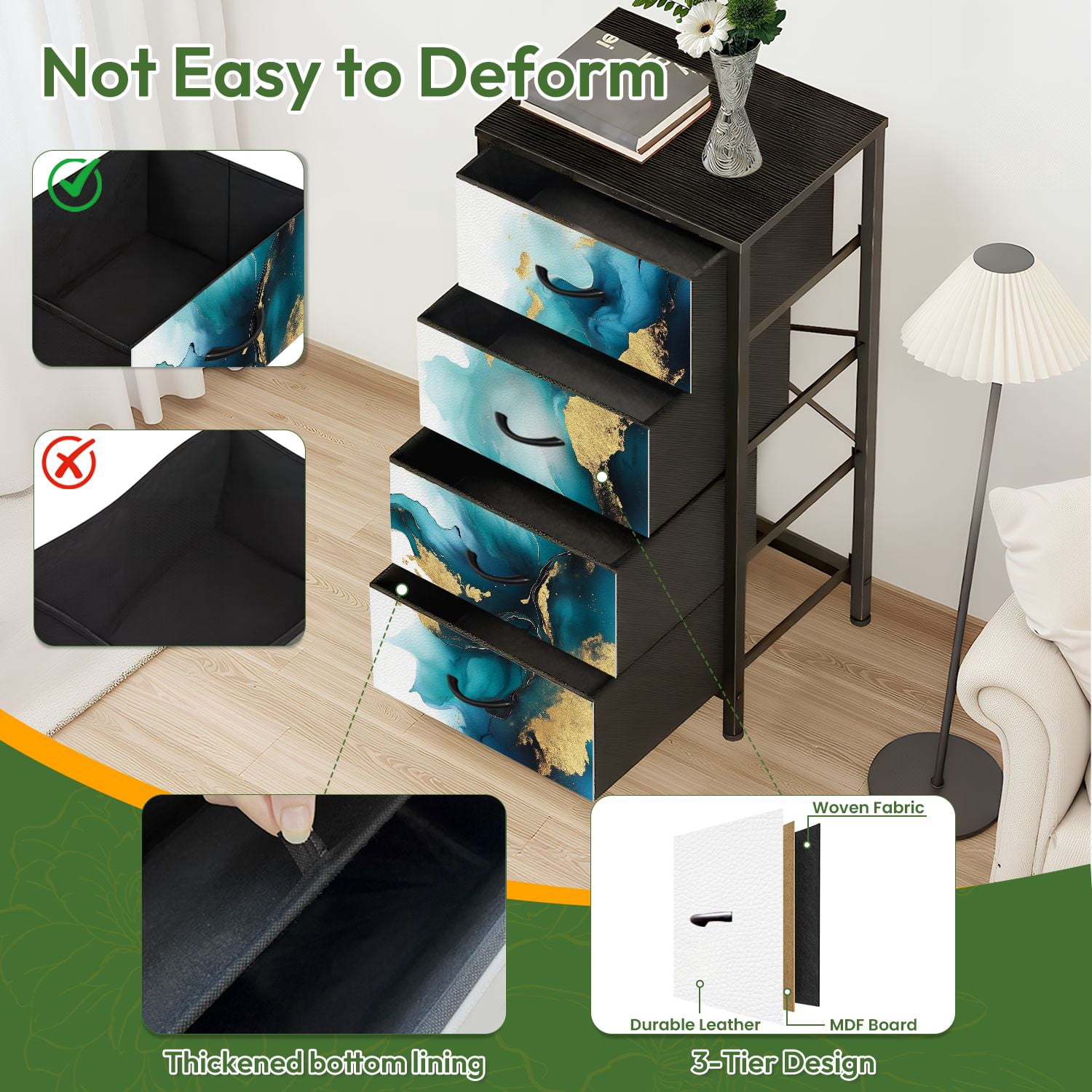 Kanworse 4 Drawer Fabric Dresser for Bedroom Teal Alcohol Ink Fluid Chests of Drawers for Closet Organizers Storage