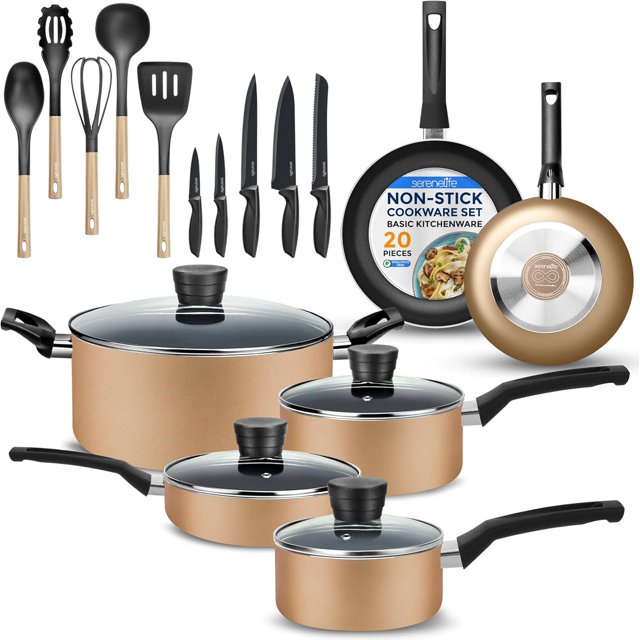 SereneLife 20-Piece Non-Stick Cookware Set - Black Pots & Pans with Heat-Resistant Gold Lacquer Finish - Complete Kitchen Essentials