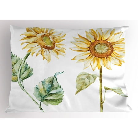 Sunflower Pillow Cases Watercolor Pillow Sham Alluring Sunflowers Summer Inspired Design Agriculture, Decorative Standard King Size Printed Pillowcase, 36 X 20 Inches, Earth Yellow Pale Yellow Fern Green, by Ambesonne ()