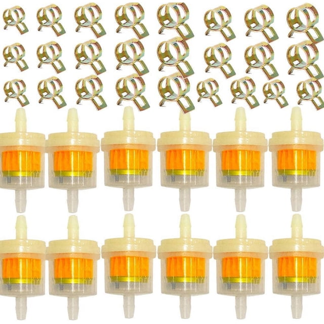 12 Pieces Gasoline Filter, Motorcycle Fuel Filter, with 25 Pieces with Hose Clips, Universal Inline Filtration Accessories, for Motorcycle Scooters, Lawn Mowers