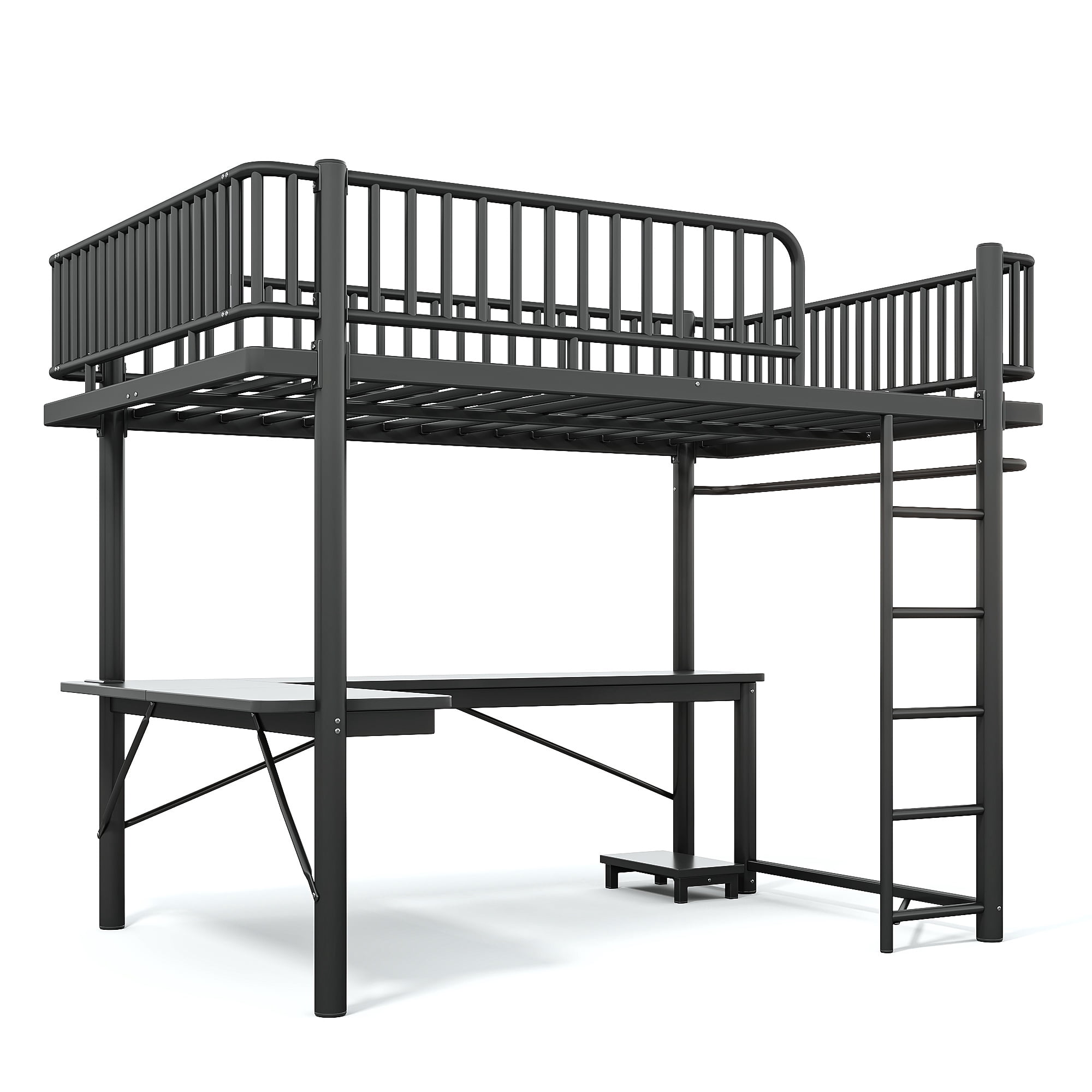 Mintazer Queen Metal Platform Loft Bed with L-Shaped Desk, LED Lights, Charging Station, Hanging Pipe, Safety Rail & PC Tray, Black