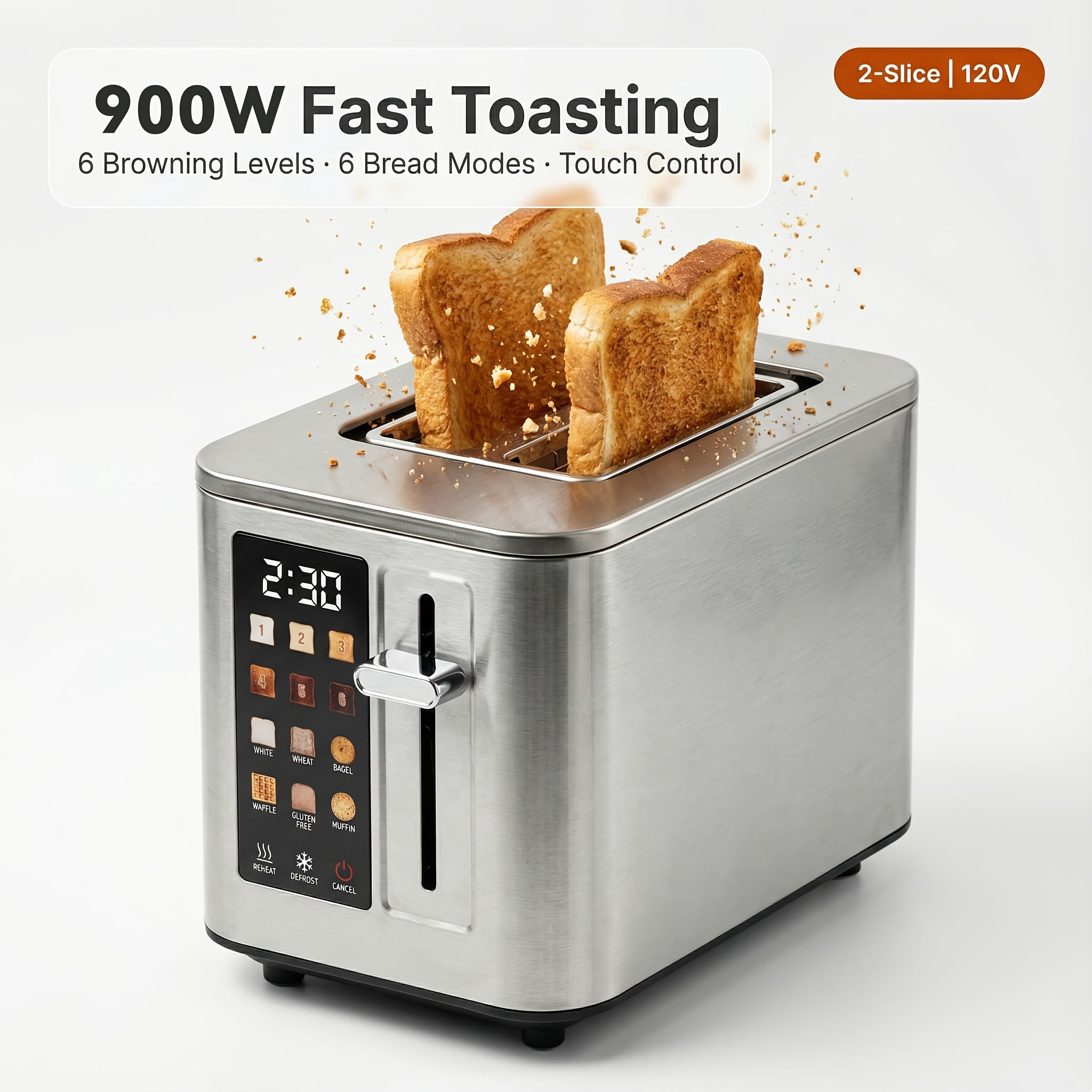 2-Slice Digital Touchscreen Toaster, 6 Bread Types & Toasting Levels, Widened Slots, Removable Crumb Tray, Compact & Easy-Clean