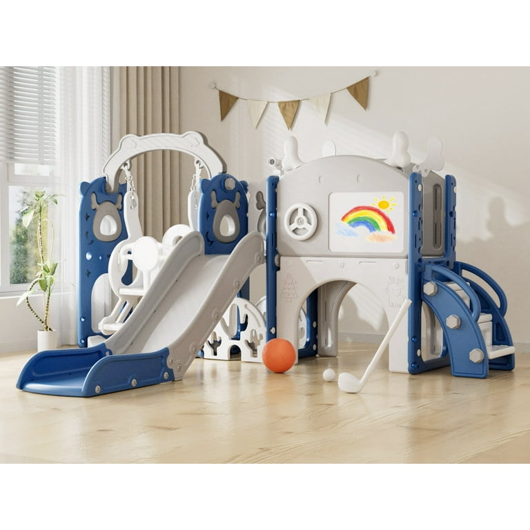 YUFU 13 in 1 Toddler Slide Swing Set with Golf Drawing Board for